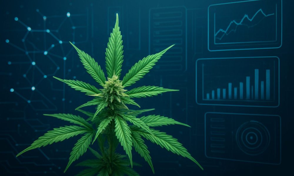 A close-up of a cannabis plant in front of a digital background with charts and graphs.