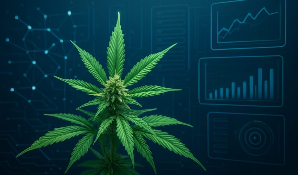 A close-up of a cannabis plant in front of a digital background with charts and graphs.