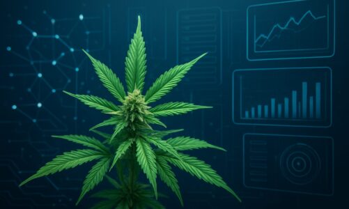 A close-up of a cannabis plant in front of a digital background with charts and graphs.