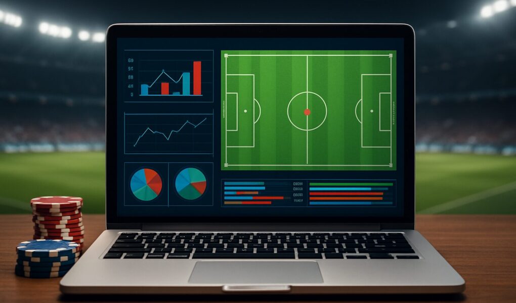 A laptop displaying statistical graphs and a soccer field diagram, placed on a wooden table with poker chips beside it,