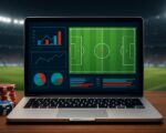 A laptop displaying statistical graphs and a soccer field diagram, placed on a wooden table with poker chips beside it,