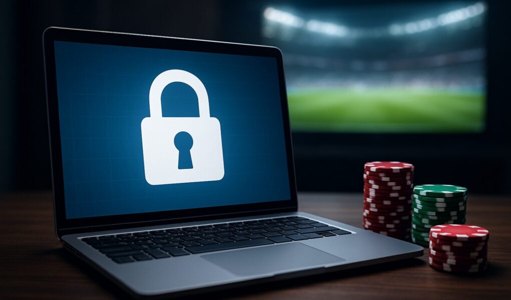 A laptop displaying a padlock symbol with poker chips in the foreground.
