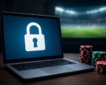 A laptop displaying a padlock symbol with poker chips in the foreground.