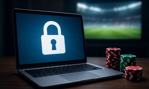 A laptop displaying a padlock symbol with poker chips in the foreground.