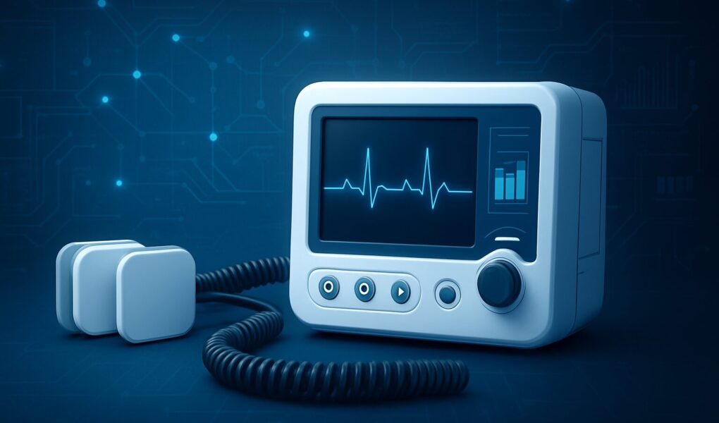 Medical monitoring device on a tech-themed background