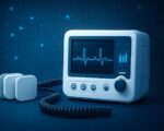 Medical monitoring device on a tech-themed background