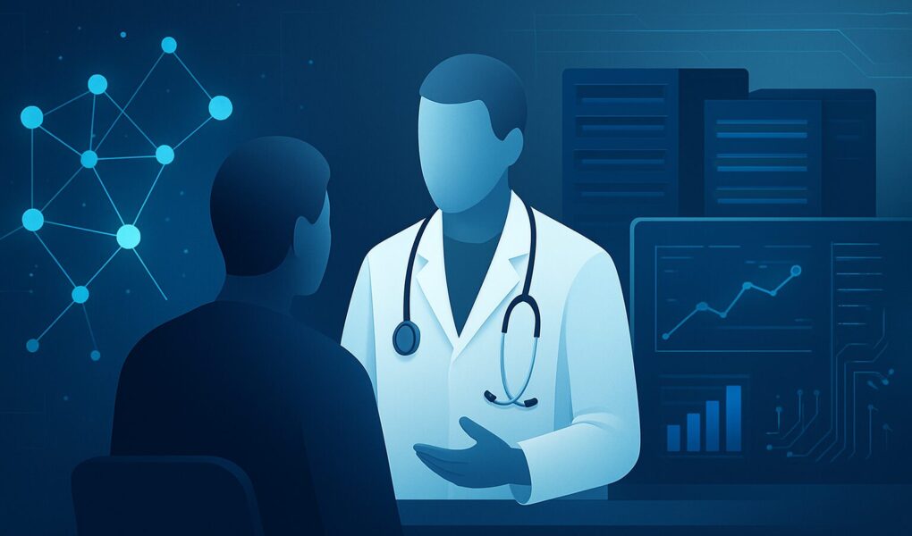 An abstract representation of a healthcare professional interacting with a patient, with digital data elements in the ba