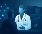 An abstract representation of a healthcare professional interacting with a patient, with digital data elements in the ba