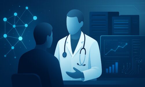 An abstract representation of a healthcare professional interacting with a patient, with digital data elements in the ba